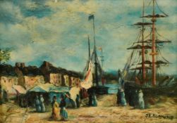 J E Blanche, 20th Century, elegant figures walking on a quayside, oil on board, signed, 4.5