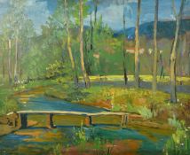 V. Gardner (20th Century), a scene of a bridge across a river, oil on panel, signed verso, 20