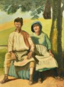 20th Century School, workers resting beneath a tree, oil on board, indistinctly signed, 32