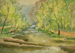 Unsigned, A tree lined stream, watercolour, 10.5