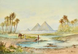 R. Marchellini (19th/20th Century), a view of the Pyramids with figures and a camel in the