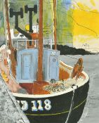 Circle of Percy Kelly (1918-1993), Fishing trawler in a harbour, mixed media, 12