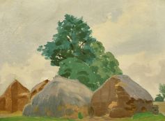 20th Century English School, Haystacks in a farm landscape, oil on board, 11