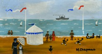 Margaret Chapman (1940-2000) British, Figures on a French beach with figures, children paddling