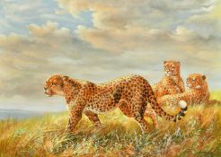 20th Century, a family of Cheetahs on a Savanna, oil on canvas, indistinctly signed, 22