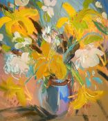 Irene Lesley Main (b 1959) A still life of yellow lilies, oil on board, signed and dated 1989, 14.5