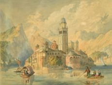 A watercolour of the Island of San Giulio on Lake Orta, Italy, 5.75