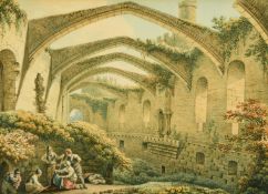 A group of figures conversing in a ruined building, watercolour, 10