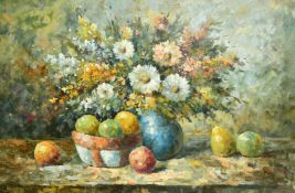 Boucheron (20th Century), a still life of mixed flowers and fruit, oil on canvas, signed, 24