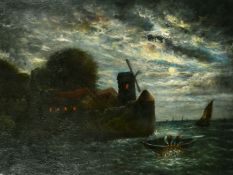 19th Century School, fishermen pulling nets by moonlight, oil on canvas, 34