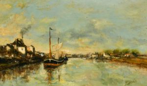 Marcel Debut (1865-1933) French, barges moored on a river with buildings lining the tow path, oil on