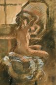 Style of Bernard Dunstan, Study of a seated nude tending to her hair looking in a mirror, pastel,