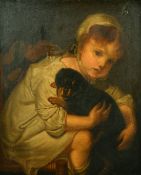 After Jean Baptiste Greuze (1725-1805) French, portrait of a young girl holding a dog, oil on
