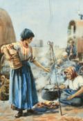 Mason, travelling gypsies around a fire, watercolour, signed, 18.75