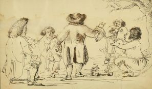 Circle of Rowlandson, a scene of gentleman in conversation, ink on paper, 7