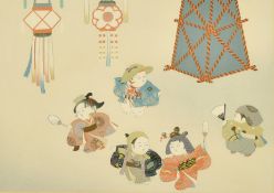 An early 20th Century Japanese woodblock print, A Japanese festival depicting 5 actors holding fans,