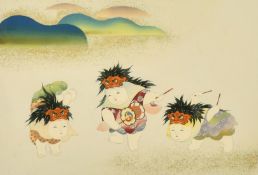 An early 20th Century Japanese woodblock print, A Japanese festival depicting three festival