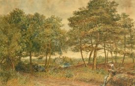 19th Century English School, figure resting on a log by a country path, watercolour, 17