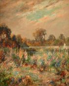 Early 20th Century Scottish School, a view of wildflowers before a lake, oil on panel,