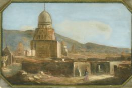 19th Century, An Eastern scene with figures before an ancient building, watercolour and gouache,