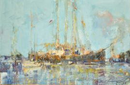 Ken Moroney (1949-2018) British, a view of moored barges by a riverside, oil on board, signed, 7