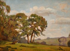 John Brown (1887-1966) A sunset view, along with landscape view, oils on board, 8.75