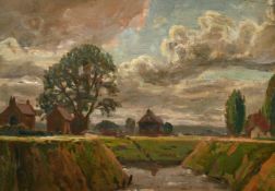 John Brown (20th Century) British, farm buildings by a creek, oil on panel, signed with initials,