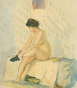 Aleksander V. Schevchenko (1883-1958) Russian, A nude lady seated putting on a stocking, watercolour