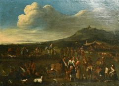 18th Century Italian School, figures and livestock by an encampment, oil on canvas, 24