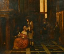 19th Century School, figures playing cards in a lavish interior, oil on canvas, indistinctly