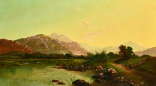 Attributed to Edwin Henry Boddington (1836-1905) British, Figures on a path by a river with