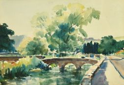 Early 20th Century School, a view of a bridge over a river, watercolour, indistinctly signed, 9.5