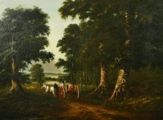 19th Century English School, Figures on a cart coming into a clearing, oil on mahogany panel, 12