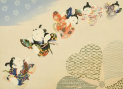 An early 20th Century Japanese woodblock print, A Japanese festival depicting five actors above