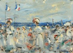 Wally Beauvais (1942-1998) Elegant figures on a French beach, oil on canvas board, signed, 12