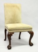 A GEORGE II STYLE MAHOGANY SINGLE CHAIR with calf covered back and seat supported on cabriole legs