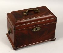 A RARE GEORGE III MAHOGANY TEA CADDY with three toleware tins, with brass handles on bracket feet.