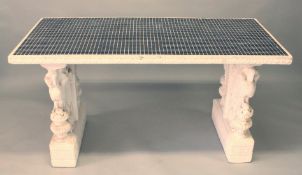 A SUPERB PAINTED STONE CANADIAN RECTANGULAR TABLE with blue squares to the top. 6ft long x 2ft