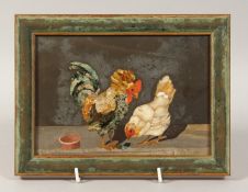A VERY GOOD ITALIAN PIETRA DURA PLAQUE OF TWO CHICKENS; cock and hen. 5ins x 7ins.