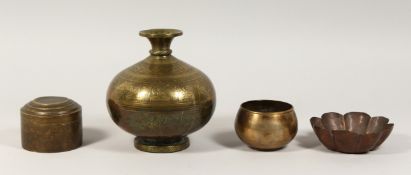 AN ISLAMIC ENGRAVED BRASS VASE engraved with Indian figures and three other pieces (4).