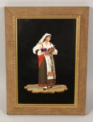 A VERY GOOD ITALIAN PIETRA DURA PLAQUE OF A YOUNG GIRL holding a wine bottle 9.5ins x 6ins.