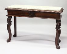 A GOOD 19TH CENTURY IRISH MAHOGANY AND MARBLE SIDE TABLE, with a grey veined marble top , gadroon