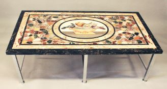 A SUPERB ITALIAN RECTANGULAR SPECIMEN MARBLE COFFEE TABLE inlaid with an oval of three doves and