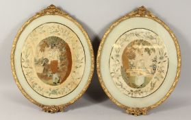 A PAIR OF GEORGIAN SILKWORK OVAL PICTURES in gilt frames, a young man and woman, with floral