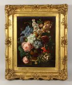 20TH CENTURY, A FINE QUALITY STILL OF MIXED FLOWERS WITH EGGS AND A BUTTERFLY, oil on board. 20ins x