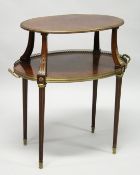 A VERY GOOD 19TH CENTURY MAHOGANY OVAL TWO TIER ETAGERE, with brass banding and gallery on