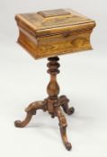A 19TH CENTURY ROSEWOOD TEA POY of sarcophagus form, the hinged cover opening to reveal a pair of