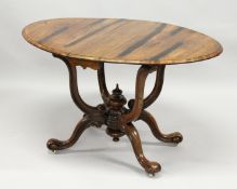 A VICTORIAN ROSEWOOD OVAL SUTHERLAND TABLE with four folding flaps, gate leg action on curving