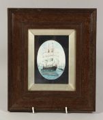 A FRAMED MINIATURE OF A SAILING SHIP AND STEAM BARGE.