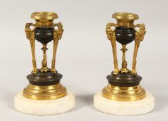 A SMALL PAIR OF 19TH CENTURY FRENCH BRONZE AND ORMOLU CANDLESTICKS on a circular base with rams'